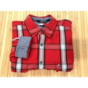 Tommy Hilfiger Mens Plaid Grunge Flannel Button Down Shirt Sz L Pockets Red Vtg